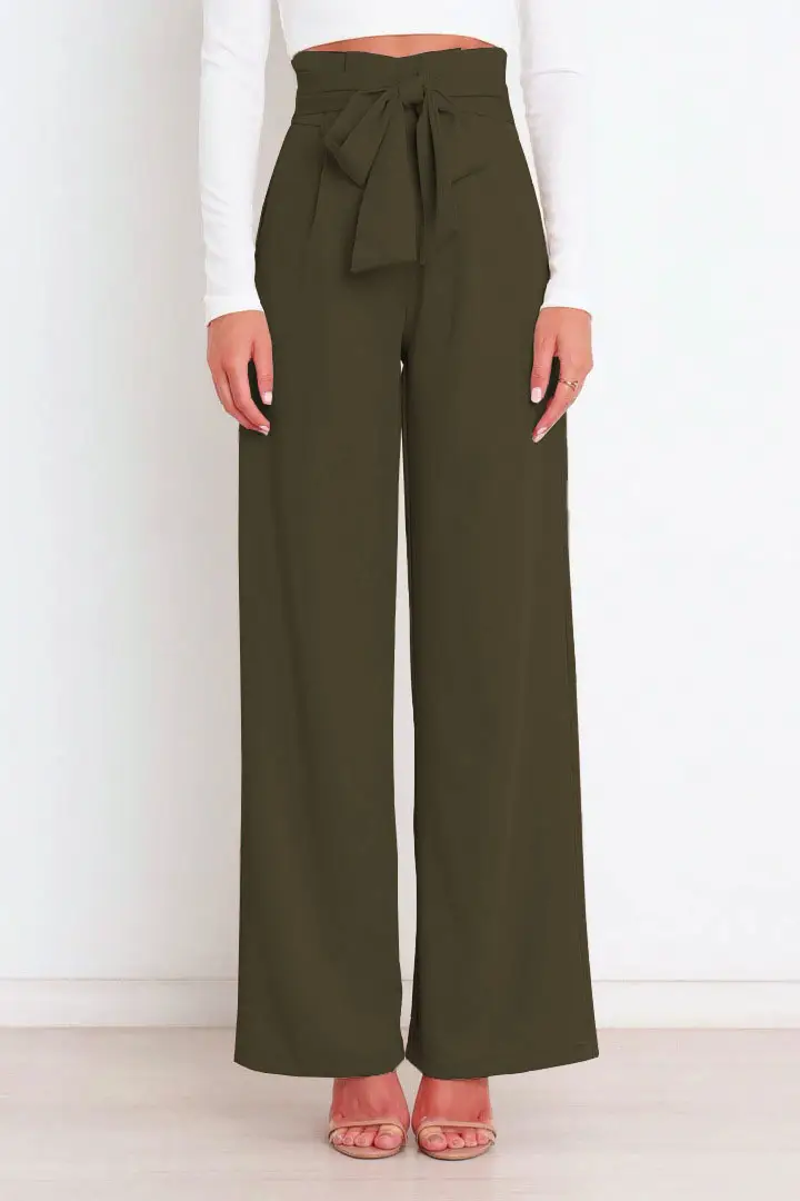 Wide Leg Pants with Bow Tie for Women Green - Image 4
