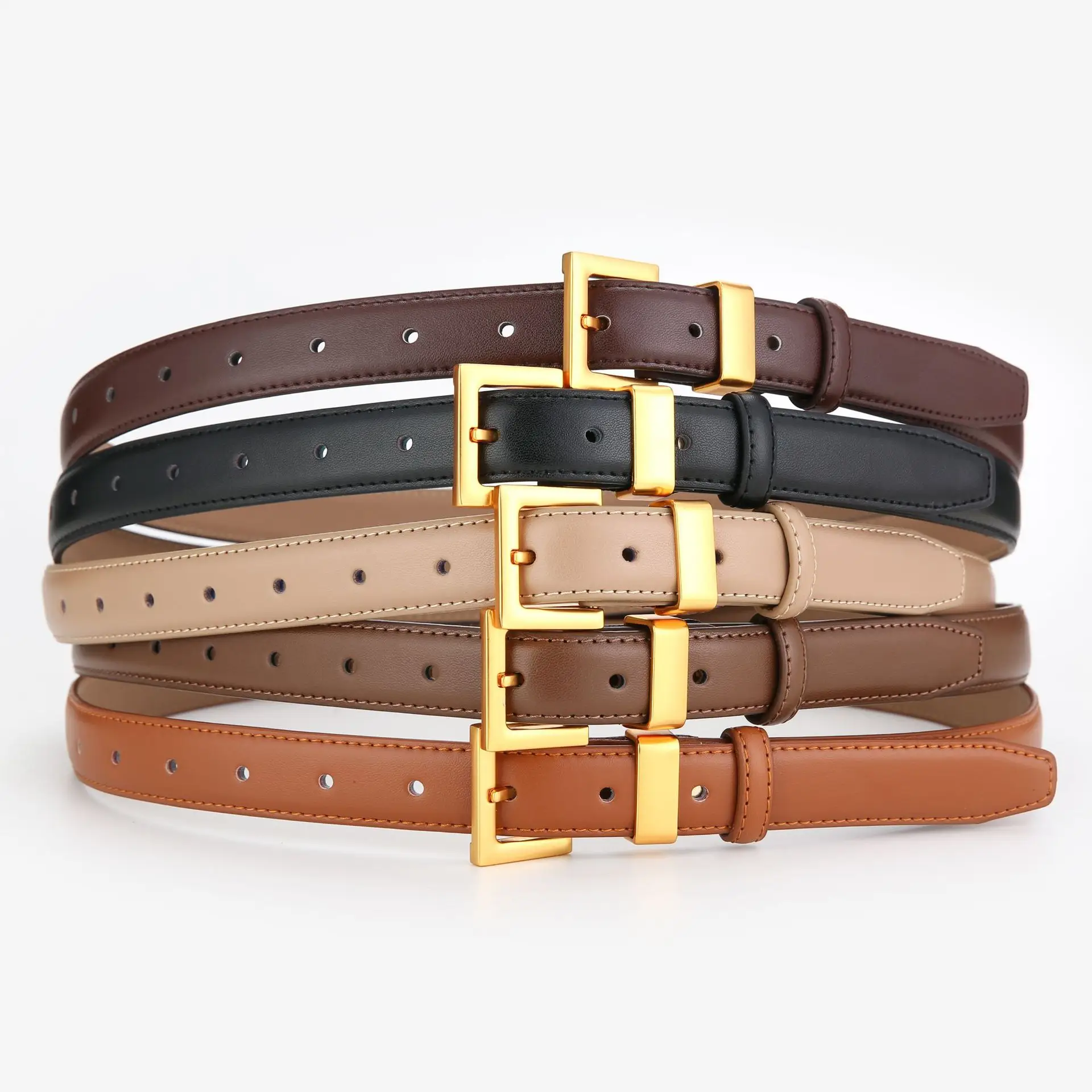 Black Genuine Leather Women's Belt with Gold Buckle - Image 6