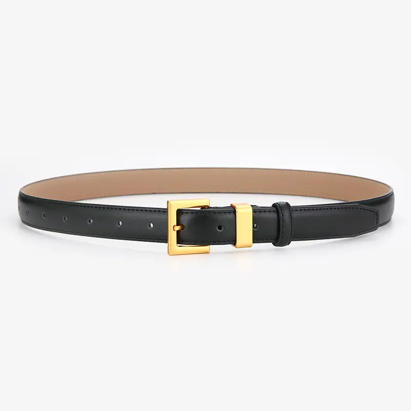 Black Genuine Leather Women's Belt with Gold Buckle - Image 2