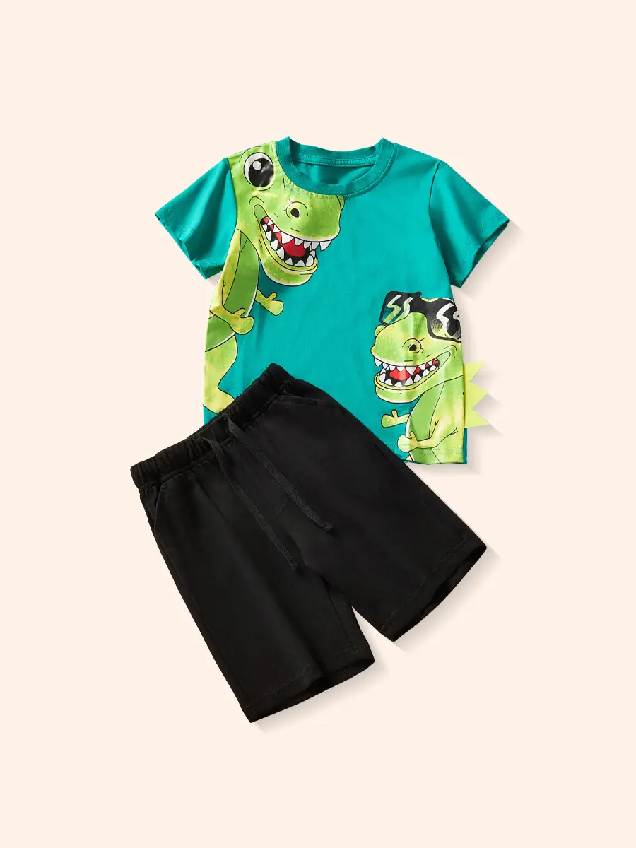 Boys T-Rex Graphic Shorts Set Black Silver Summer