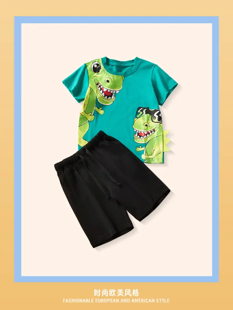 Boys T-Rex Graphic Shorts Set Black Silver Summer — feature 3