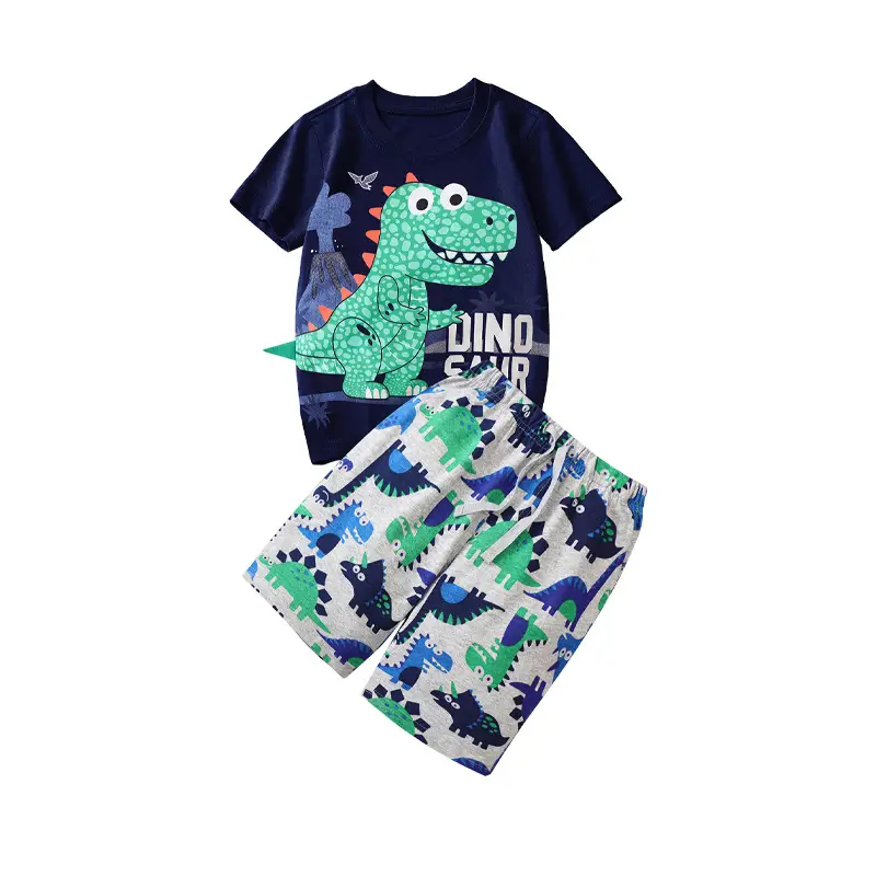 Boys T-Rex Graphic Shorts Set Black Silver Summer