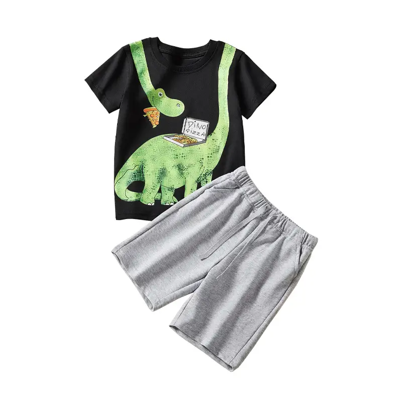 Boys T-Rex Graphic Shorts Set Black Silver Summer