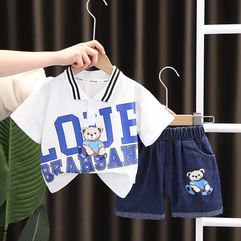 Kids Boys Cotton Teddy Bear Lapel T-Shirt Shorts Set - Image 5