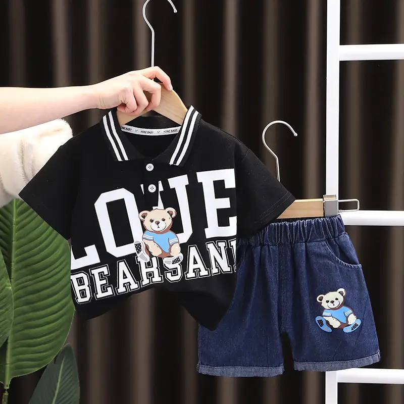 Kids Boys Cotton Teddy Bear Lapel T-Shirt Shorts Set - Image 6