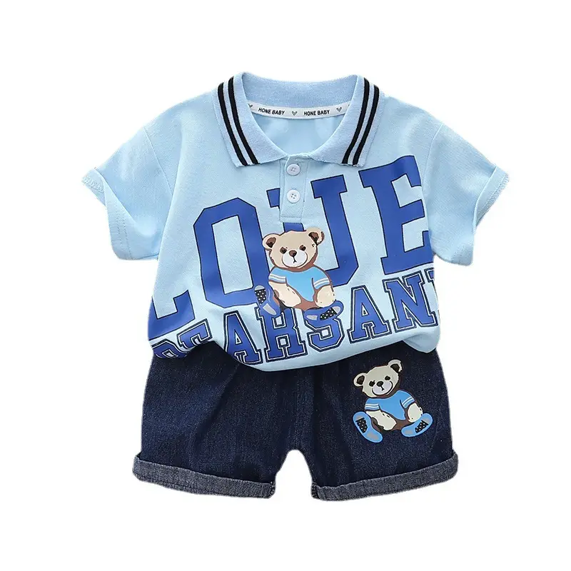 Kids Boys Cotton Teddy Bear Lapel T-Shirt Shorts Set - Image 8