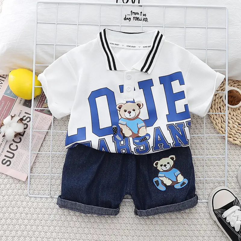Kids Boys Cotton Teddy Bear Lapel T-Shirt Shorts Set — feature 1
