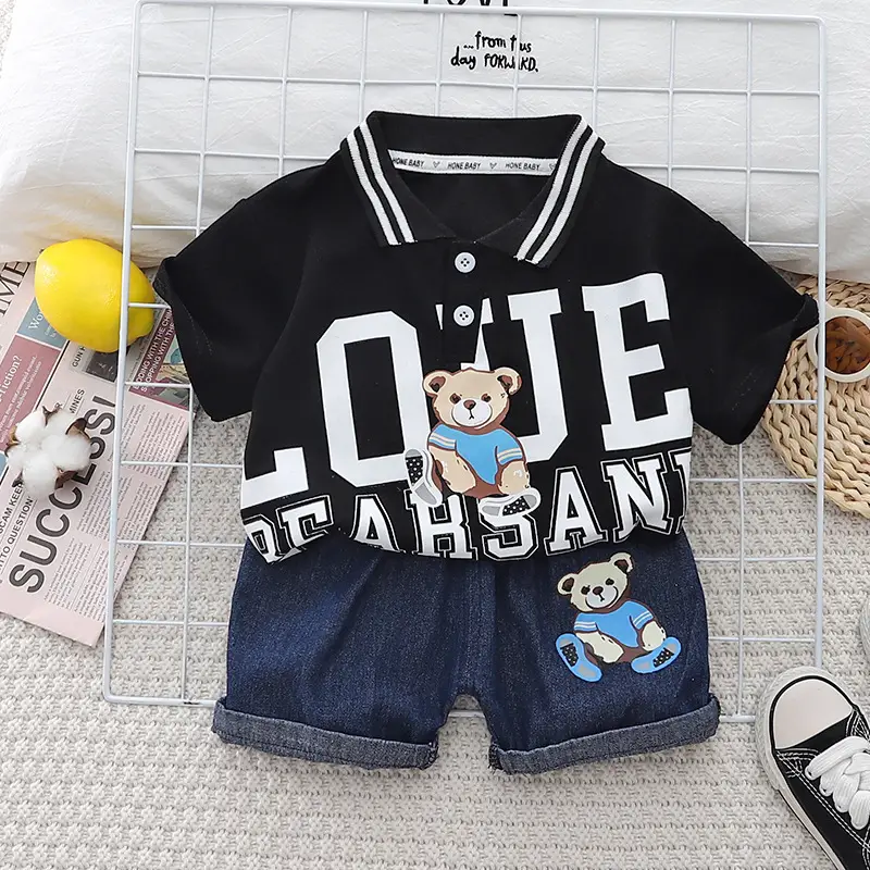 Kids Boys Cotton Teddy Bear Lapel T-Shirt Shorts Set — feature 2