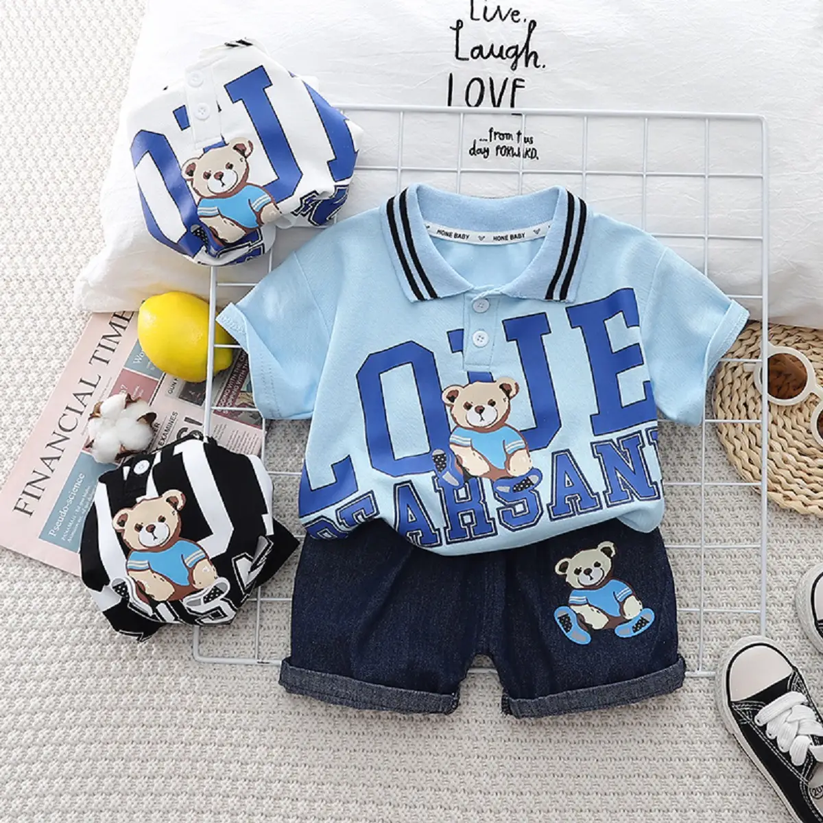 Kids Boys Cotton Teddy Bear Lapel T-Shirt Shorts Set — feature 5