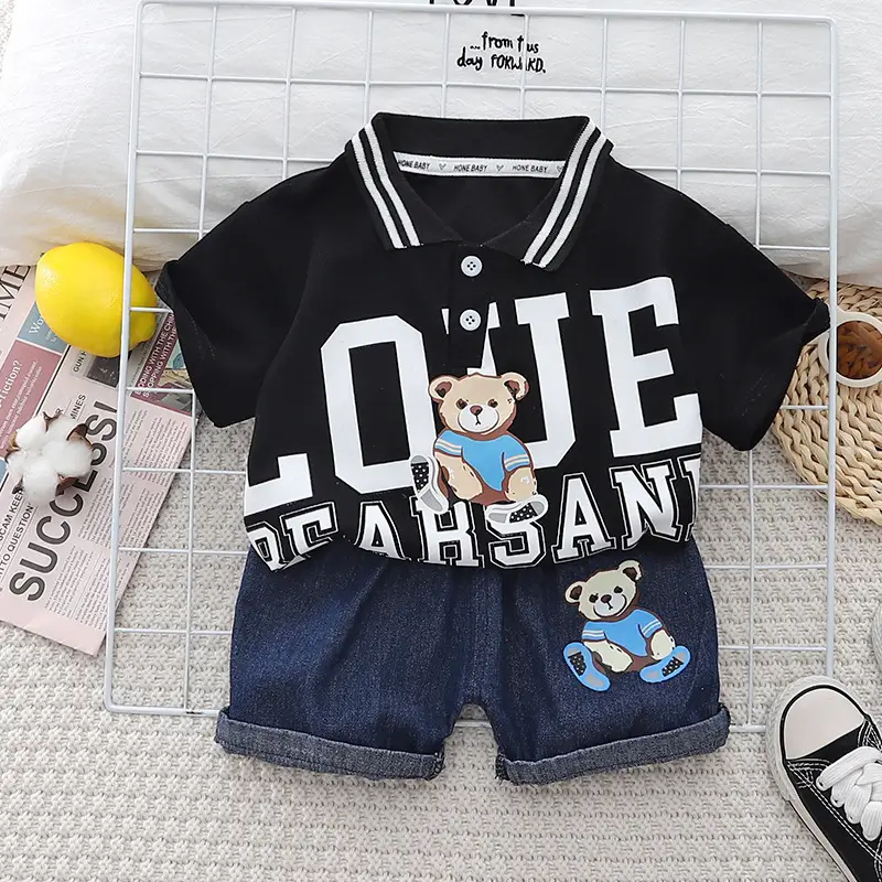 Kids Boys Cotton Teddy Bear Lapel T-Shirt Shorts Set - Image 2