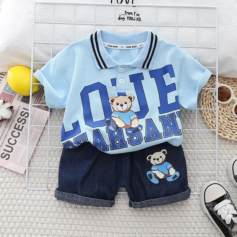 Kids Boys Cotton Teddy Bear Lapel T-Shirt Shorts Set - Image 3