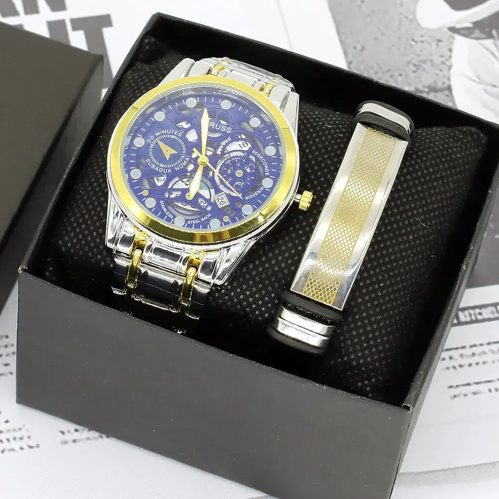Blue Quartz Men's Wristwatch Set with Gold Band - Image 2