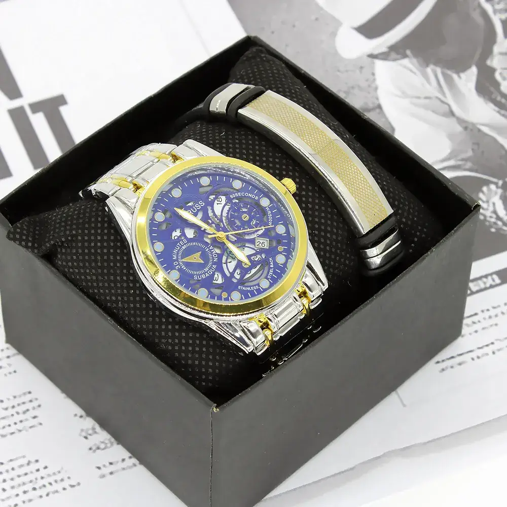 Blue Quartz Men's Wristwatch Set with Gold Band - Image 3