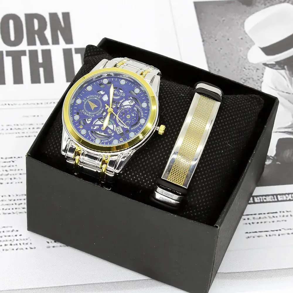 Blue Quartz Men's Wristwatch Set with Gold Band - Image 4