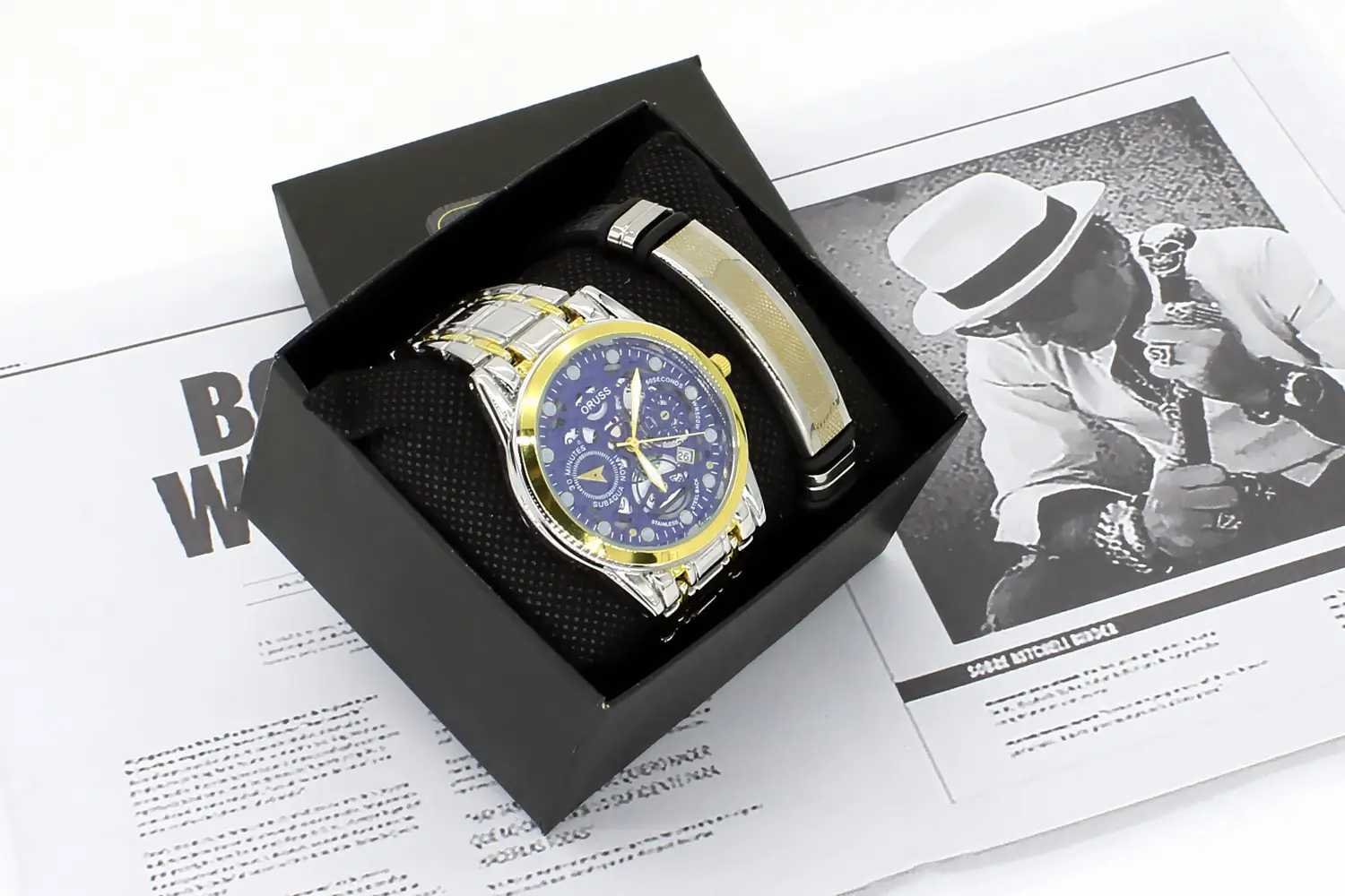 Blue Quartz Men's Wristwatch Set with Gold Band — feature 7