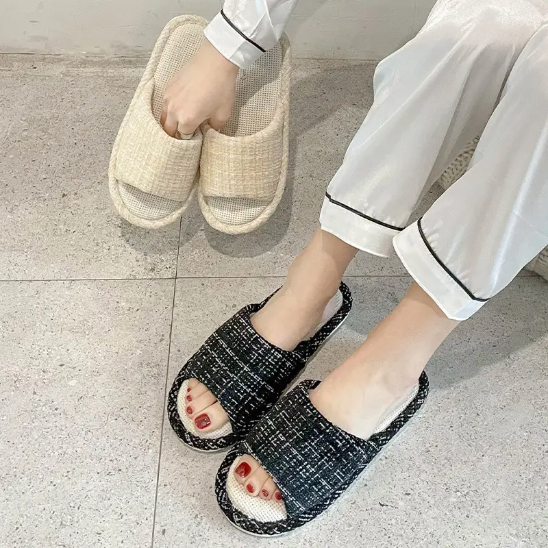 Linen Slippers Women's Four Seasons Household Indoor Flooring Cotton Linen Non-Slip Sweat Absorbing Home Simple Sandals Women's Summer