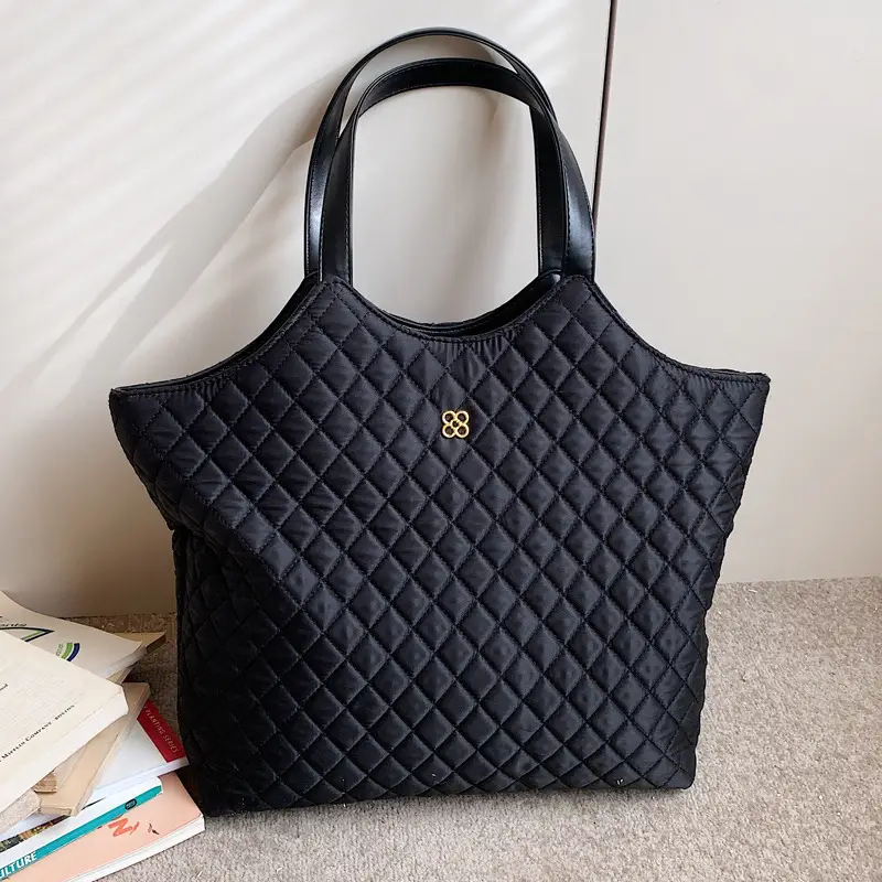 Black Quilted Women's Large Tote Bag with Logo