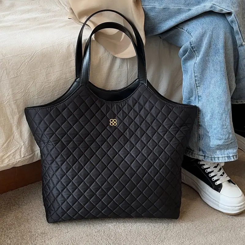 Black Quilted Women's Large Tote Bag with Logo