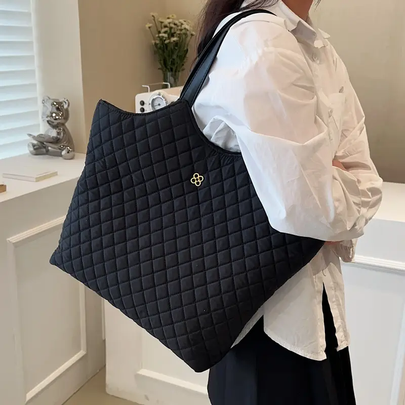 Black Quilted Women's Large Tote Bag with Logo