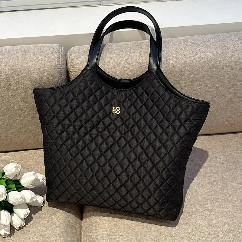 Black Quilted Women's Large Tote Bag with Logo