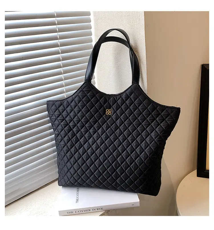 Black Quilted Women's Large Tote Bag with Logo — feature 10