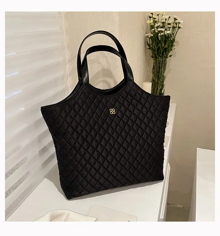 Black Quilted Women's Large Tote Bag with Logo — feature 11