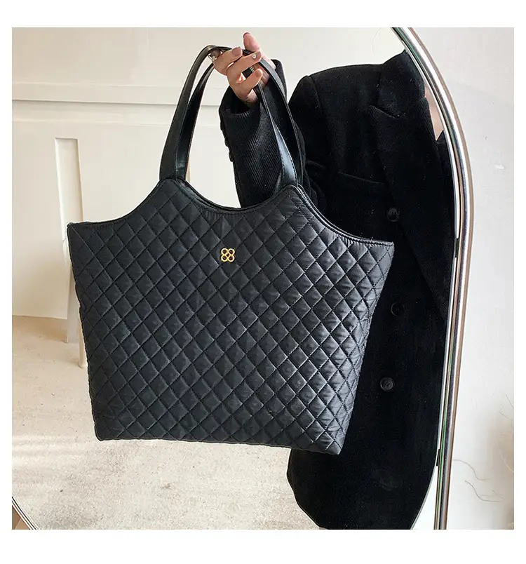 Black Quilted Women's Large Tote Bag with Logo — feature 12