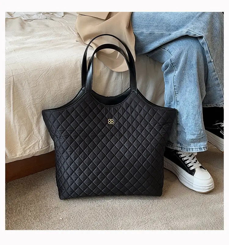 Black Quilted Women's Large Tote Bag with Logo — feature 13