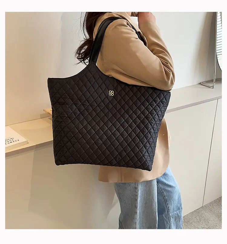 Black Quilted Women's Large Tote Bag with Logo — feature 14