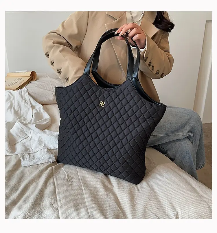 Black Quilted Women's Large Tote Bag with Logo — feature 15