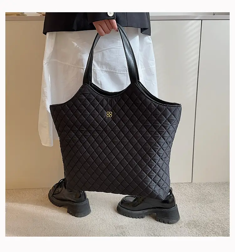 Black Quilted Women's Large Tote Bag with Logo — feature 16