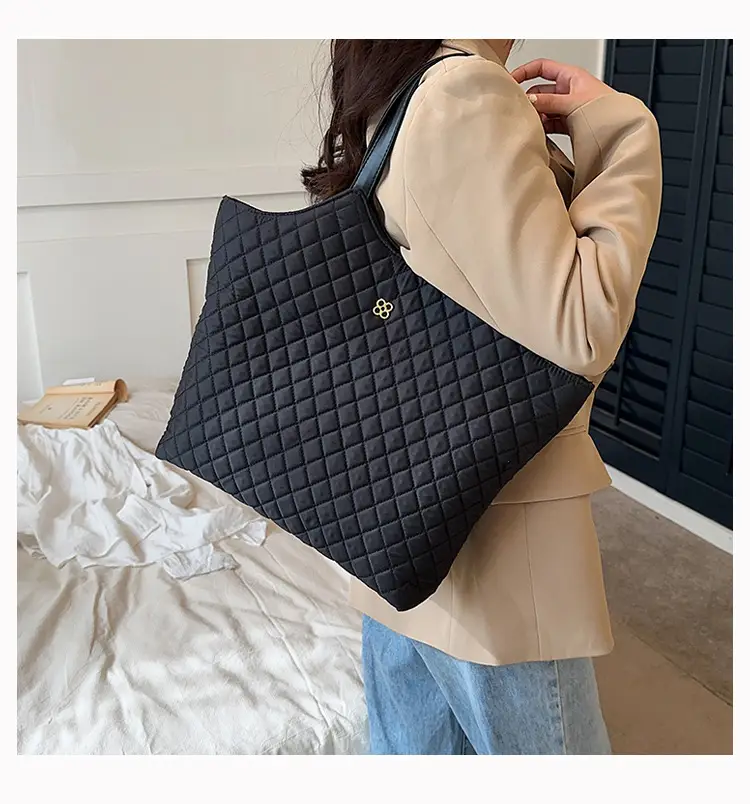 Black Quilted Women's Large Tote Bag with Logo — feature 17