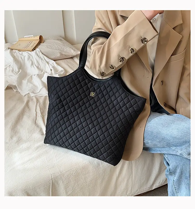 Black Quilted Women's Large Tote Bag with Logo — feature 18