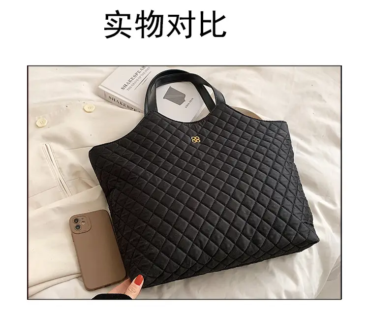 Black Quilted Women's Large Tote Bag with Logo — feature 2