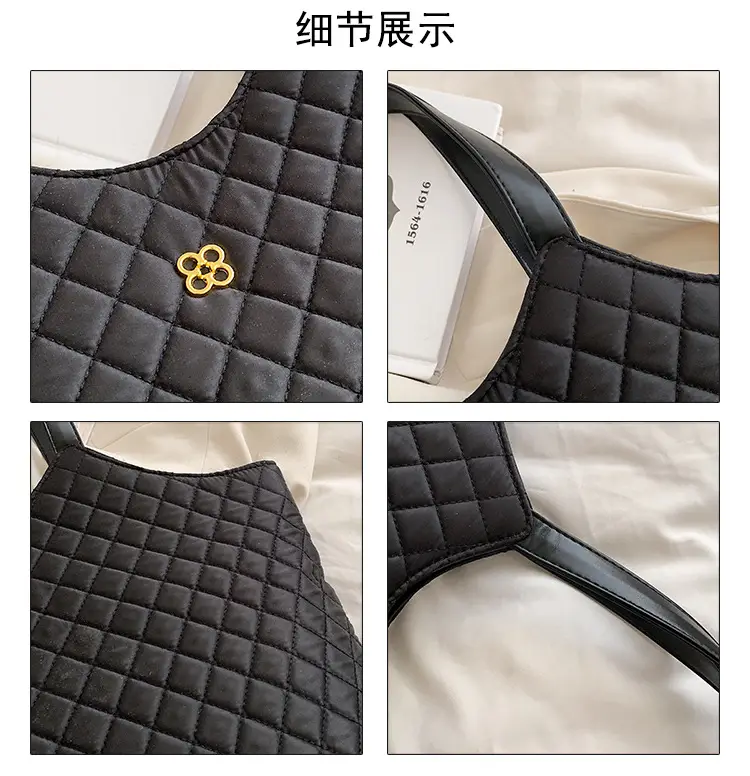 Black Quilted Women's Large Tote Bag with Logo — feature 3
