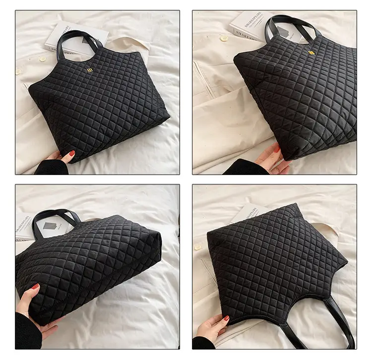 Black Quilted Women's Large Tote Bag with Logo — feature 4