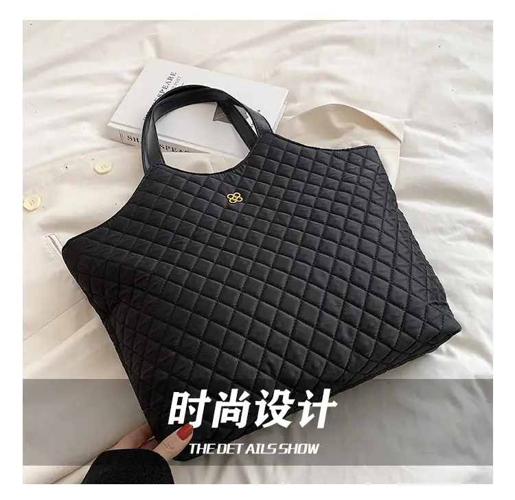 Black Quilted Women's Large Tote Bag with Logo — feature 5