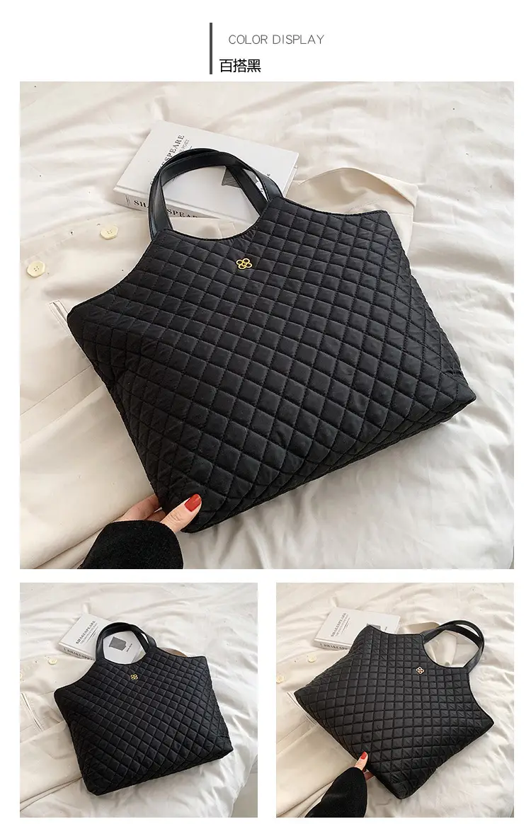 Black Quilted Women's Large Tote Bag with Logo — feature 7