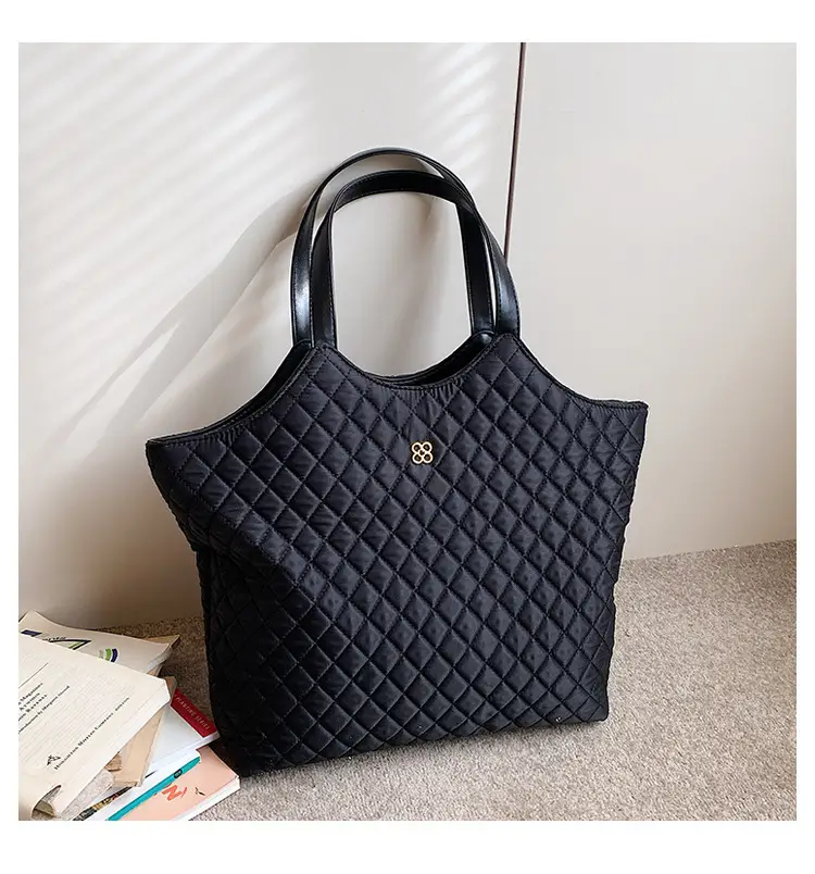 Black Quilted Women's Large Tote Bag with Logo — feature 8