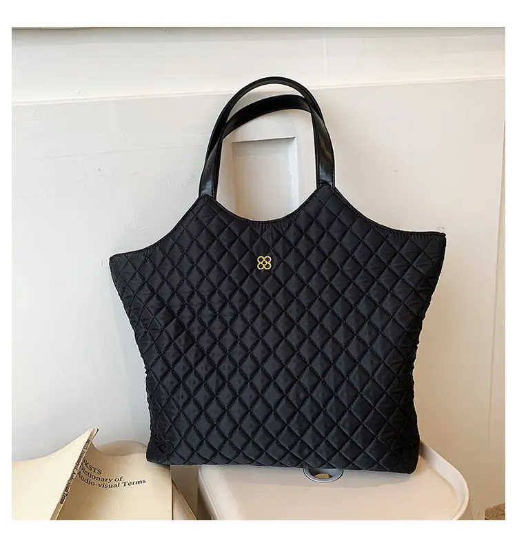 Black Quilted Women's Large Tote Bag with Logo — feature 9