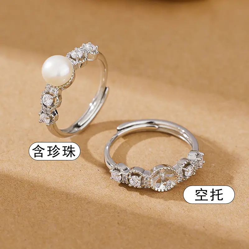 Freshwater Pearl 7-7.5mm Zircon Open Ring with DIY Empty Holder