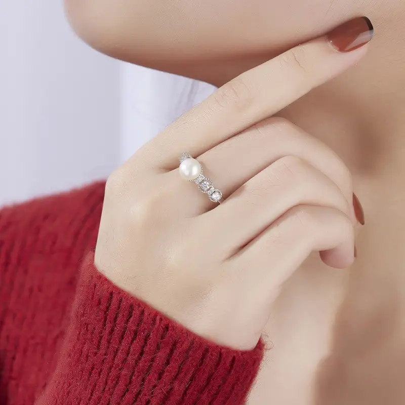 Freshwater Pearl 7-7.5mm Zircon Open Ring with DIY Empty Holder