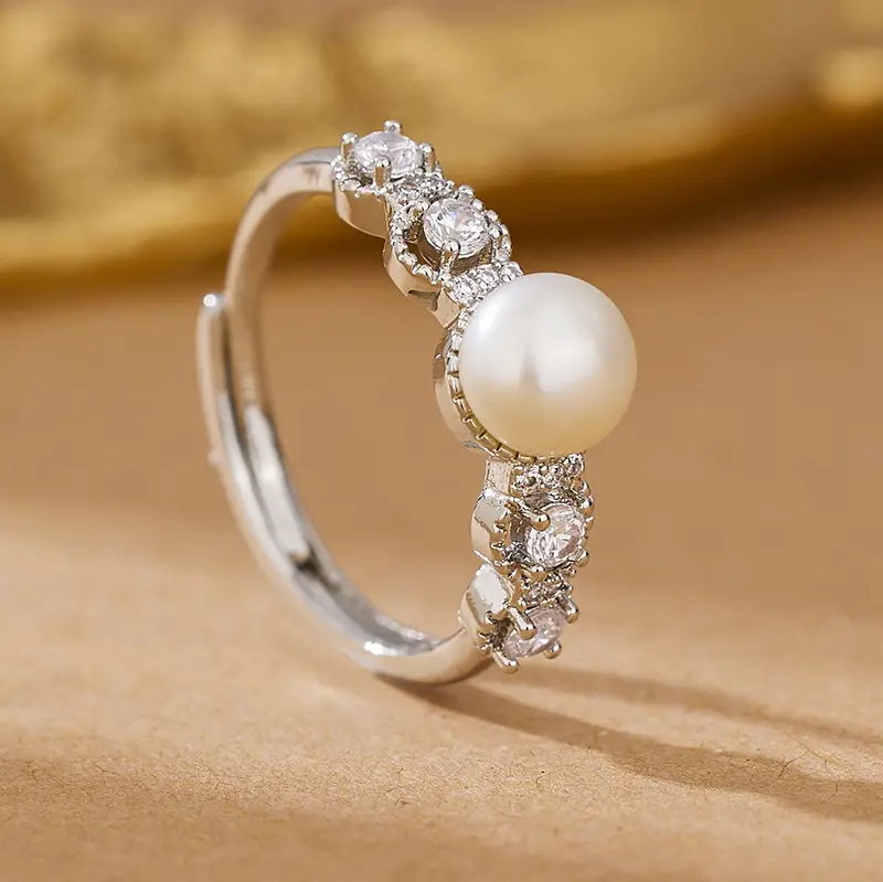 Freshwater Pearl 7-7.5mm Zircon Open Ring with DIY Empty Holder