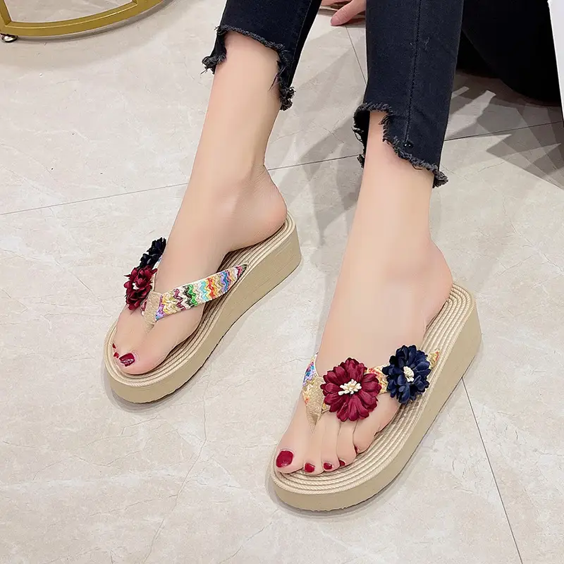 Women's Floral Straw Linen Flip Flops Thick Soled