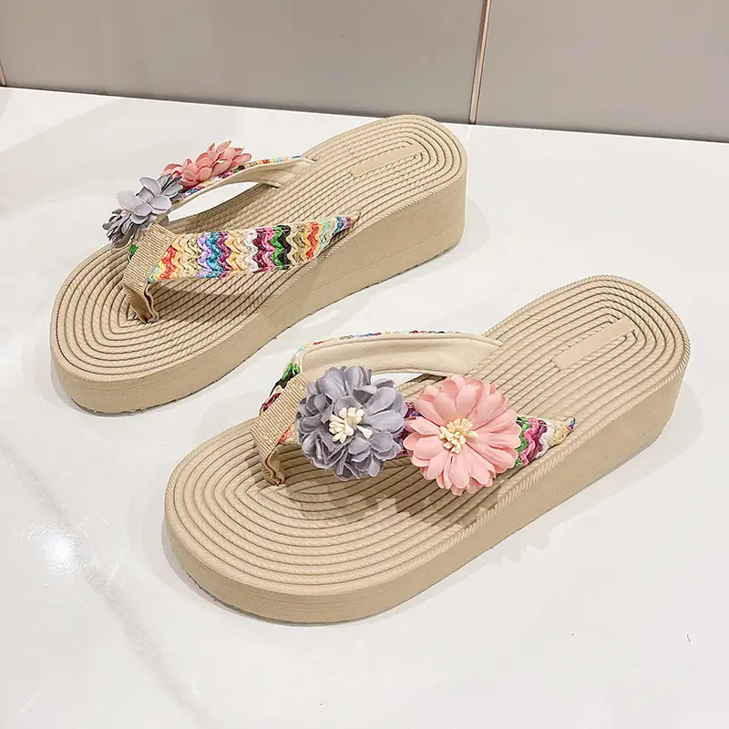 Women's Floral Straw Linen Flip Flops Thick Soled