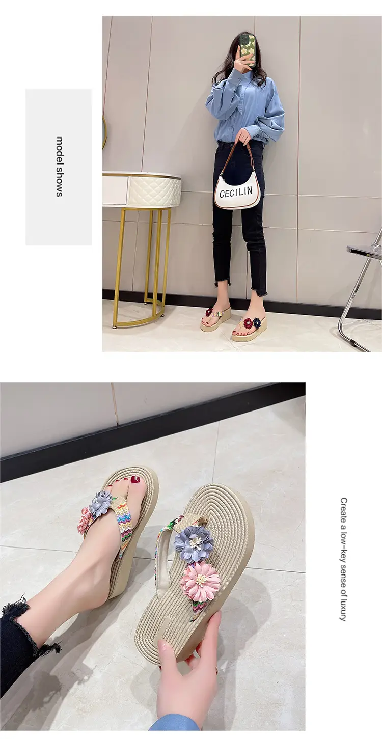 Women's Floral Straw Linen Flip Flops Thick Soled — feature 10