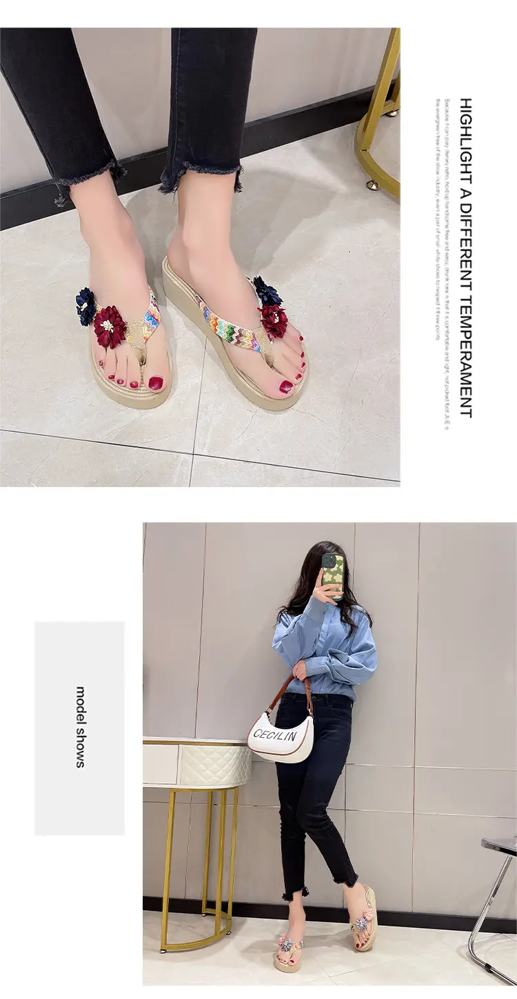 Women's Floral Straw Linen Flip Flops Thick Soled — feature 12
