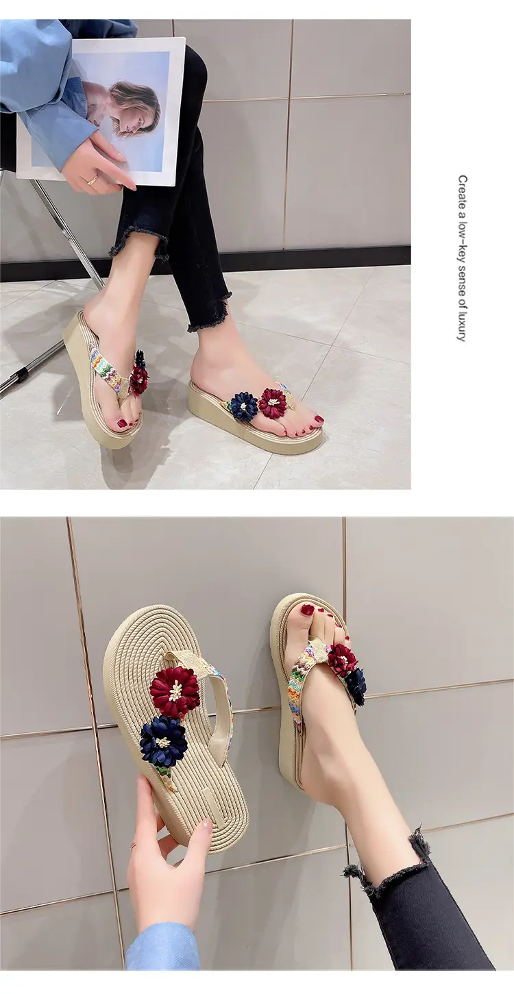Women's Floral Straw Linen Flip Flops Thick Soled — feature 13