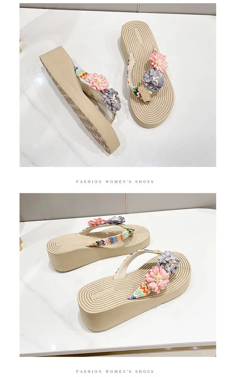 Women's Floral Straw Linen Flip Flops Thick Soled — feature 16
