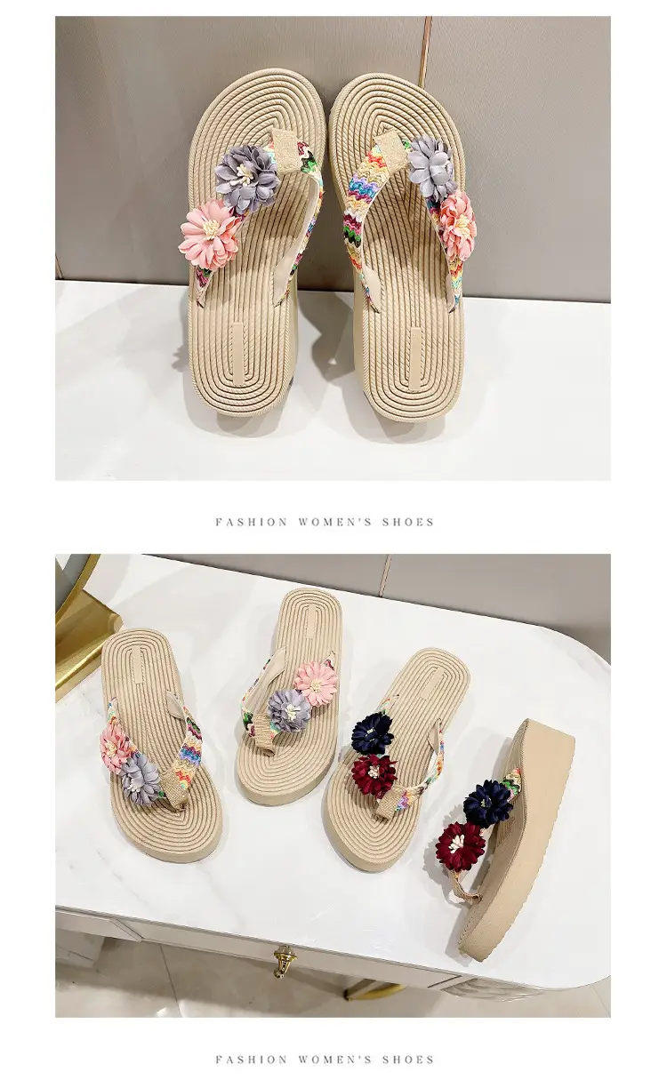 Women's Floral Straw Linen Flip Flops Thick Soled — feature 17